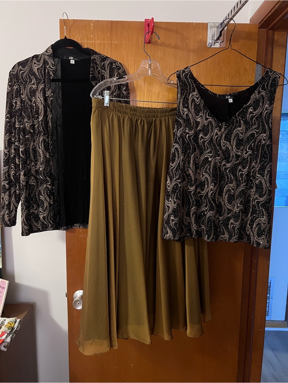 Jump Olive Chiffon Maxi Skirt with Black Paisley Top & Jacket